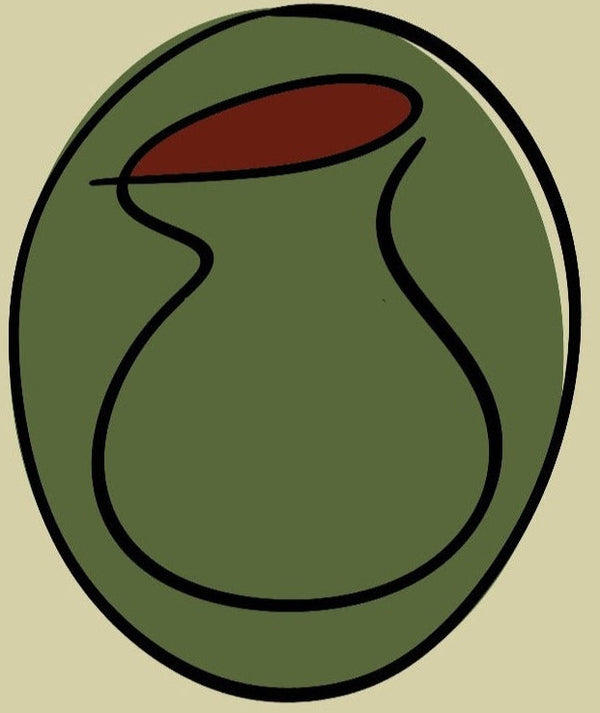 Abstract design of a green vase with a red top on a beige background